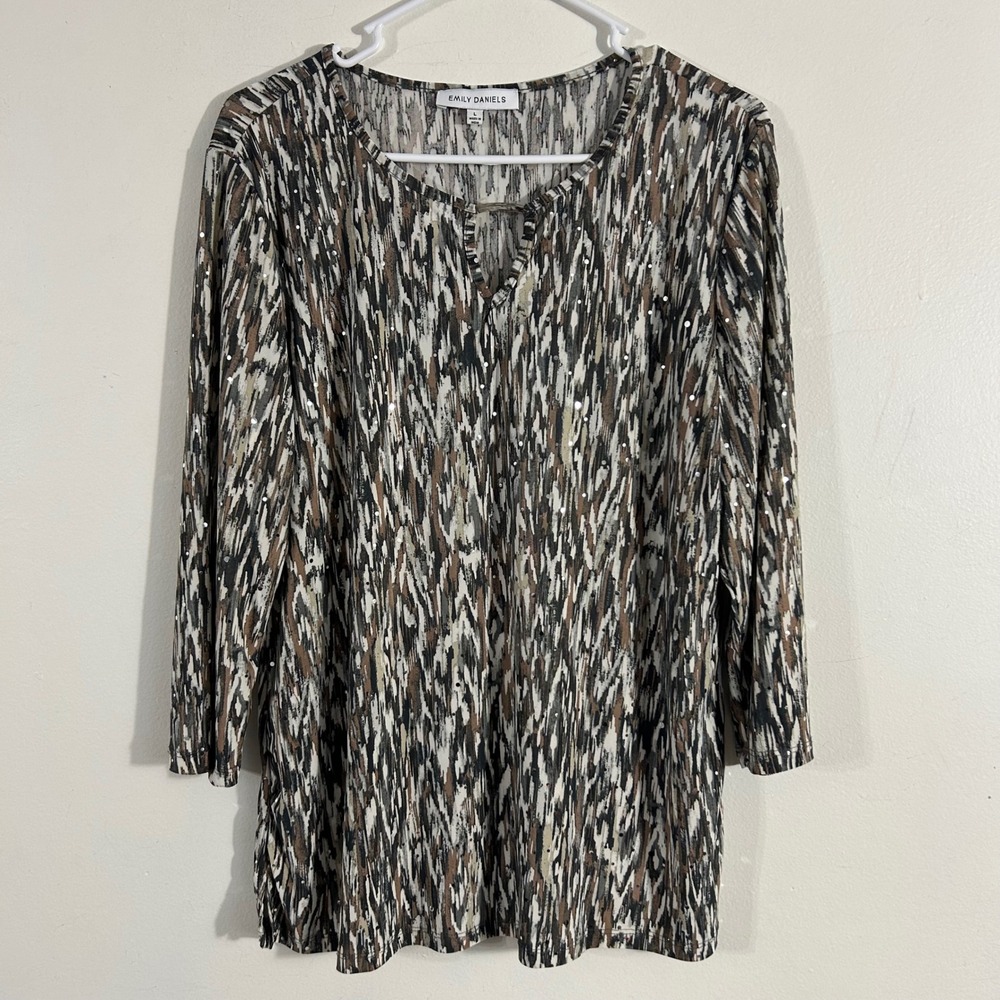Emily Daniels Tunic Top Women Large Brown Black Sequin Ikat 3/4 Sleeve  Blouse